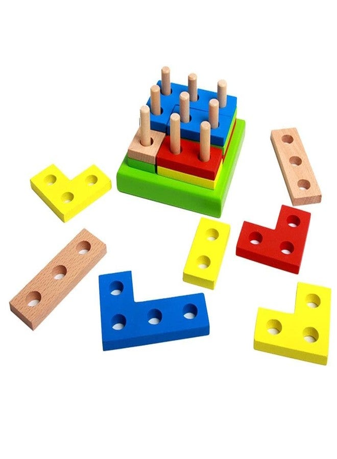 Little Mind Montessori Geometry Puzzle Blocks - 9 Pillar 15-Piece Educational Toy with Different Shapes & Holes - Multicolor Matching Game for Shape & Size Learning (Ages 3-6) - Image 2